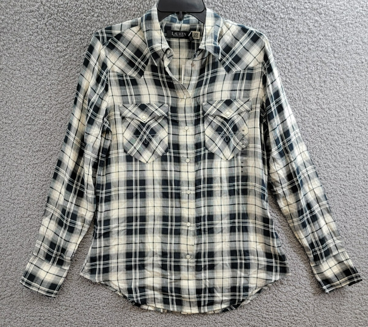 Lauren Ralph Lauren Embroidered Plaid Shirt Women's M Black/Cream Snap Closure - Picture 2 of 19