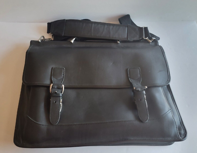 LL Bean Black Leather Briefcase Messenger Bag Adjustable Shoulder