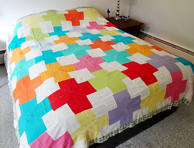 RARE Vtg Handmade Geometric Cross Art Bright Patchwork Bedspread Quilt 89x74
