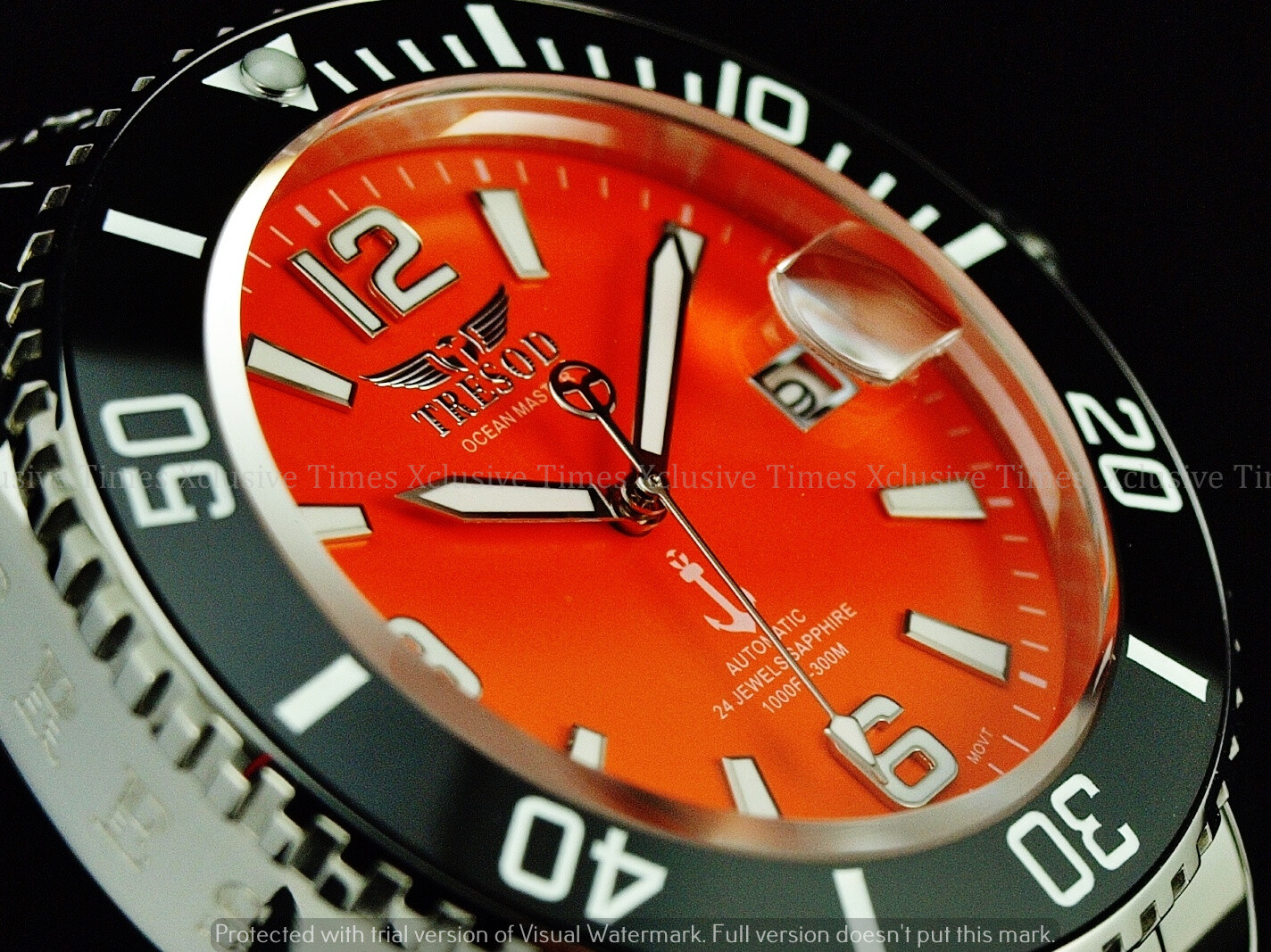 Pre-owned Tresod Men Superlume Ocean Master Auto Orange Dial Sapphire Crystal Ss Watch