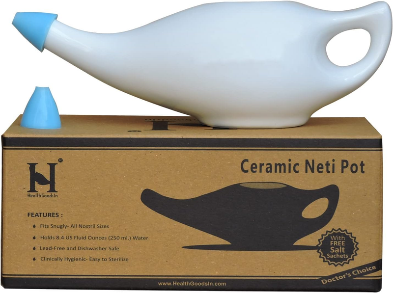 Healthgoosaau - Durable Ceramic Neti Pot for Nasal Cleansing with 5 Sachets Neti