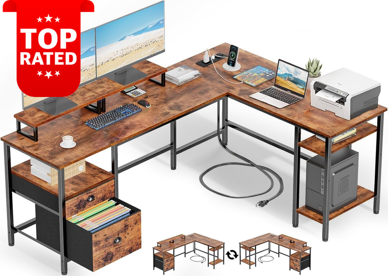 L Shaped Desk 168x120cm with Power Outlet Monitor Stand Home Office Furniture