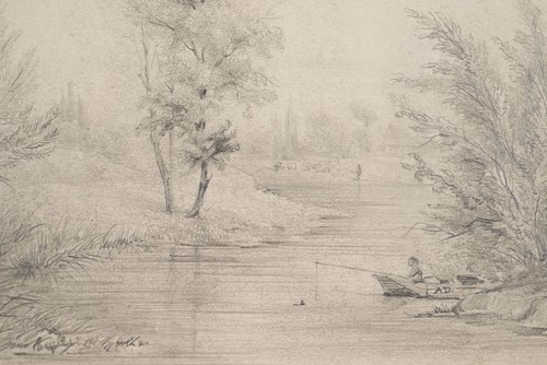Paysage Bord De Riviere Pecheur Dans Barque Dessin Original Xix Ad Ebay