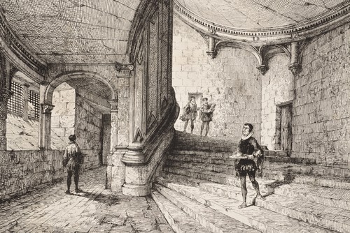 Engraving Xix Eugene Sadoux Chateau La Rochefoucauld Grand Staircase Renaissance Ebay