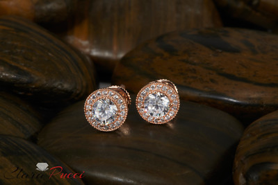 Pre-owned Pucci 3.4ct Round Cut Simulated Diamond Halo Stud Solitaire Earrings 14k Rose Gold