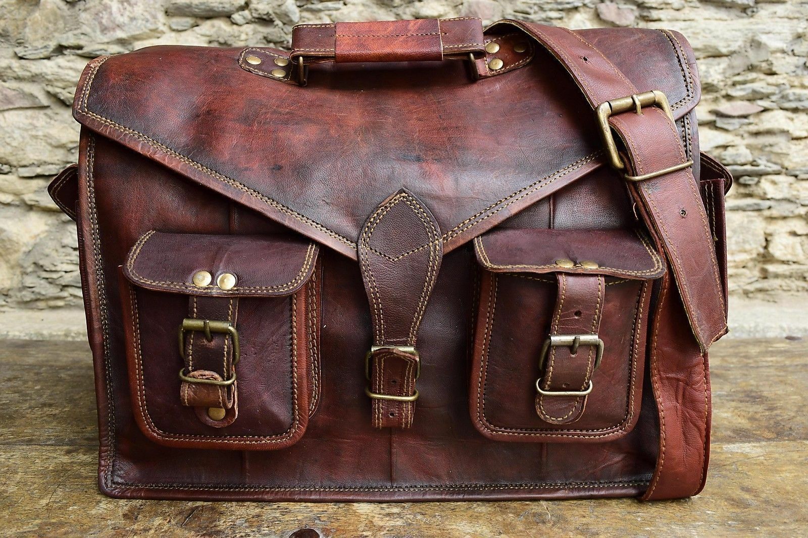 New Real leather vintage messenger bag briefcase Notebook laptop briefcase large