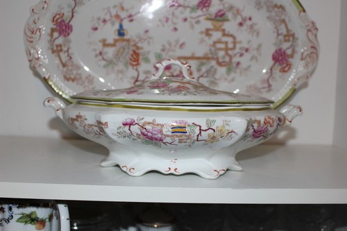 ANTIQUE W.H. GRINDLEY HAND PAINTED CHINESE/ASIAN MOTIF PLATTER & SERVING BOWL