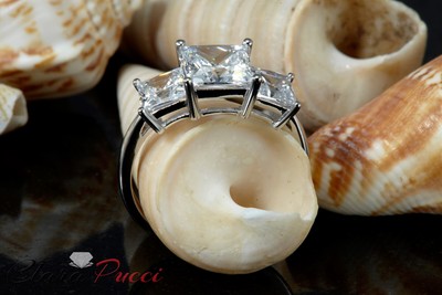 Pre-owned Pucci 3ct Princess Cut 3 Stone Moissanite Classic Bridal Statement Ring 14k White Gold In White/colorless