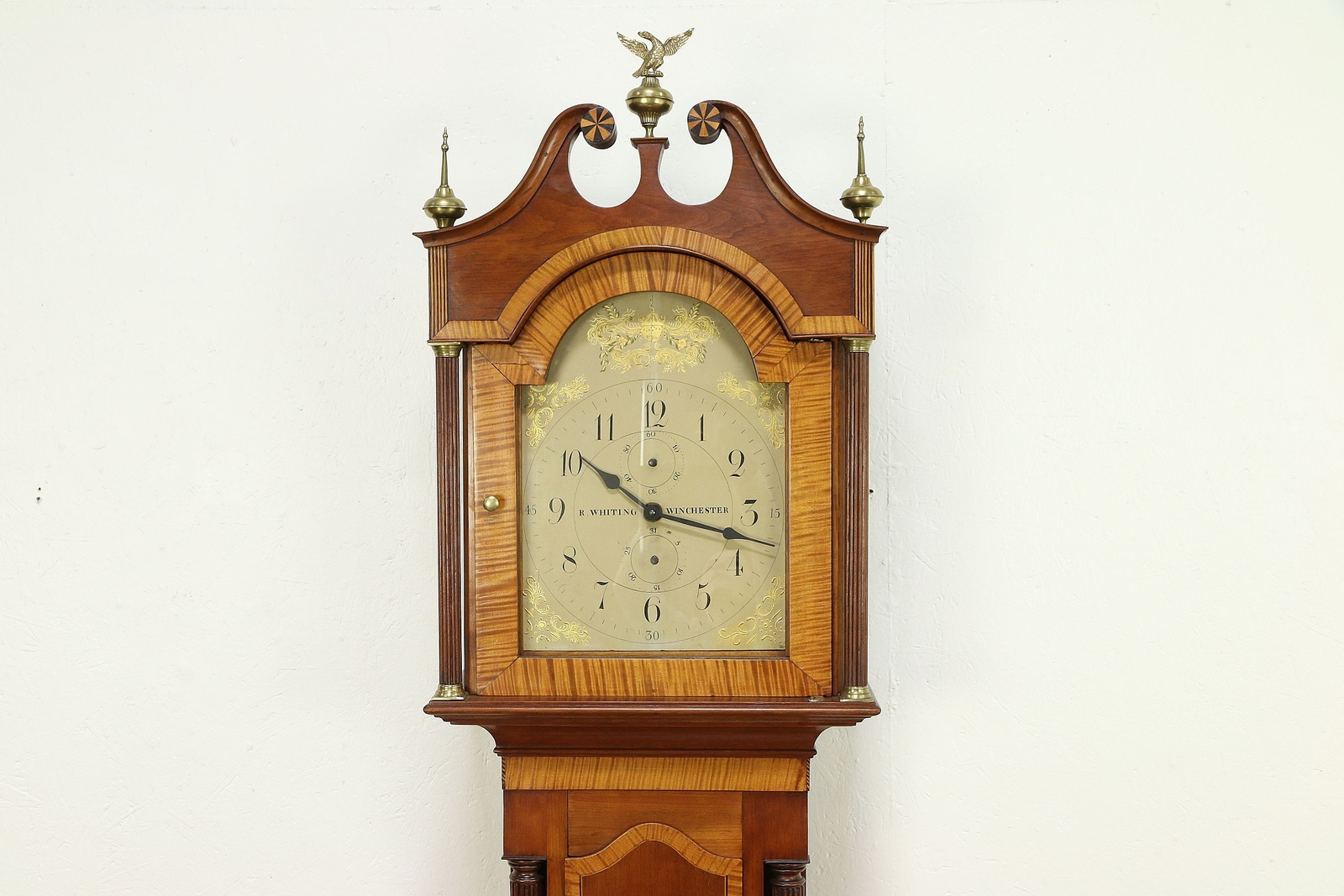 Cherry & Maple Tall Case Antique Grandfather Clock, Quartz, Whiting CT #30459