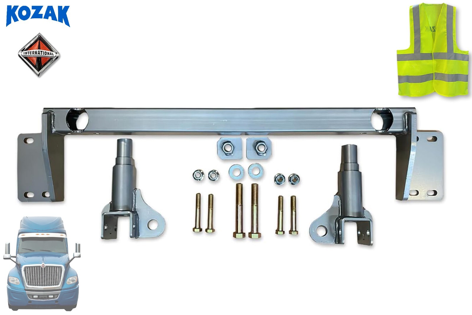 KOZAK Fairing Bracket For Front Panel (Left Driver Side) Compatible With Volvo VNL 2004-2017 Plus Logo Emblem With Stripe, 2X 22 Inch Windshield Wipers, License Plate Frame And Vest