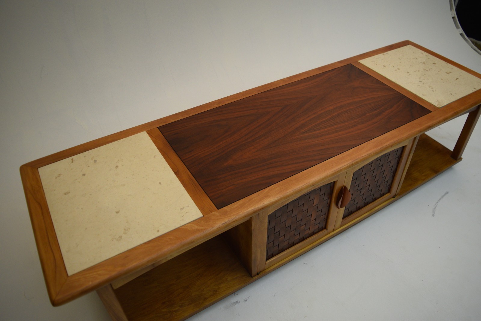 Large Walnut Ash Media Console or coffee Cocktail Table Travertine vintage