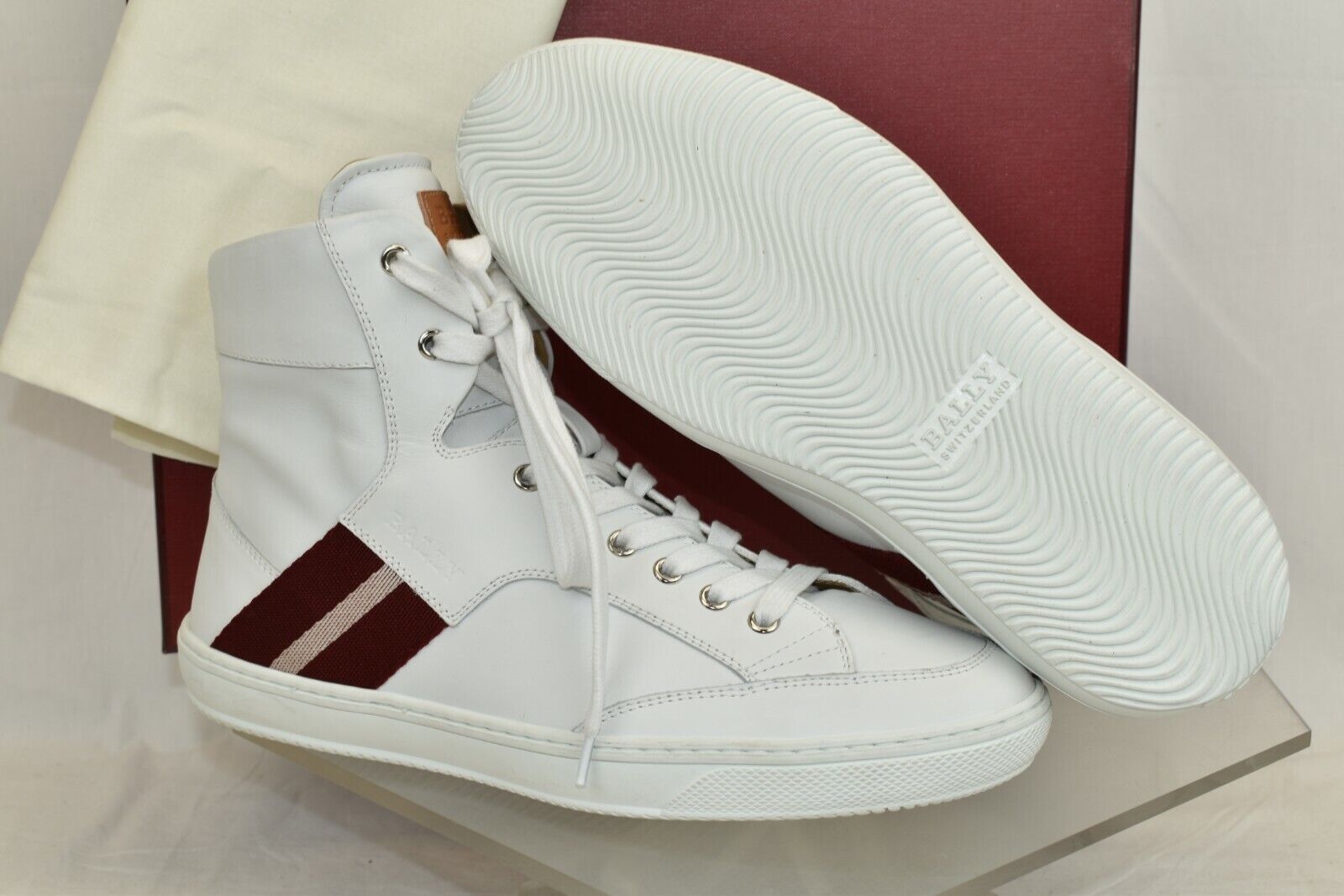 Pre-owned Bally Oldani White Leather Hi Top Lace Up Logo Stripe Sneakers Us 9 D 42