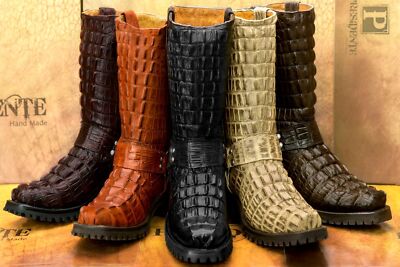 Mens Motorcycle Crocodile Boots Biker Harness Leather Square
