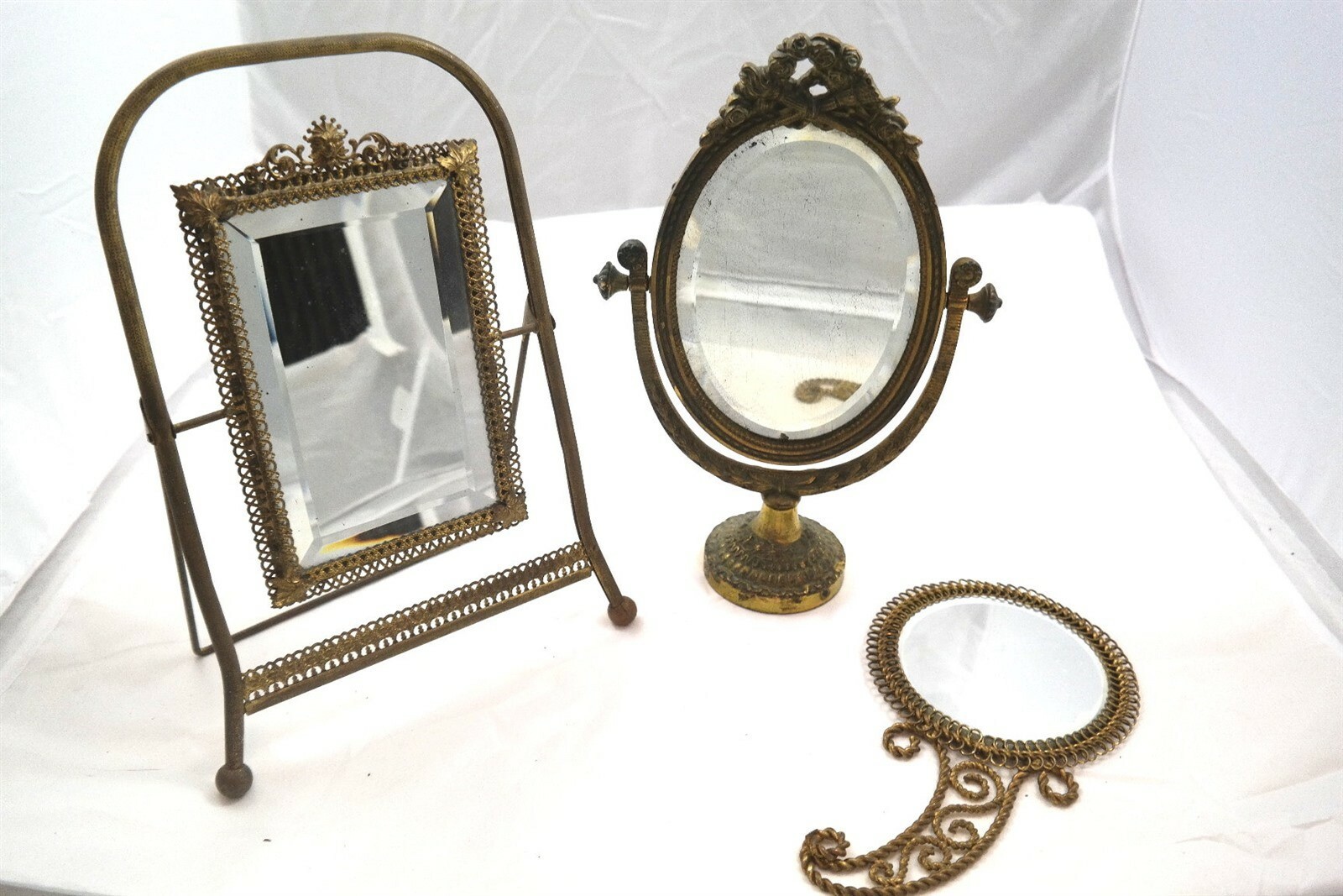 3pc Vintage Brass Mirror Lot Vanity Dresser Table Top