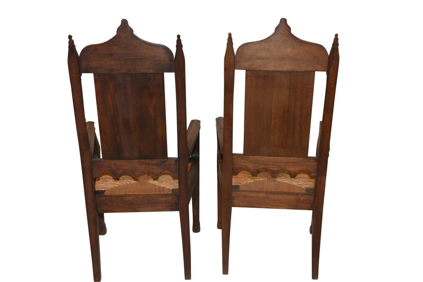 Set of Eight Antique French Gothic Dining Chairs , Rush Seats, 1920's