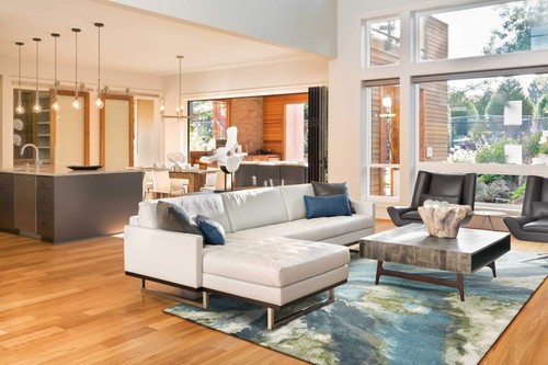 7 X 10 Бирюзово-синих ковриков машинной вязки, выполненных акварелью для помещений