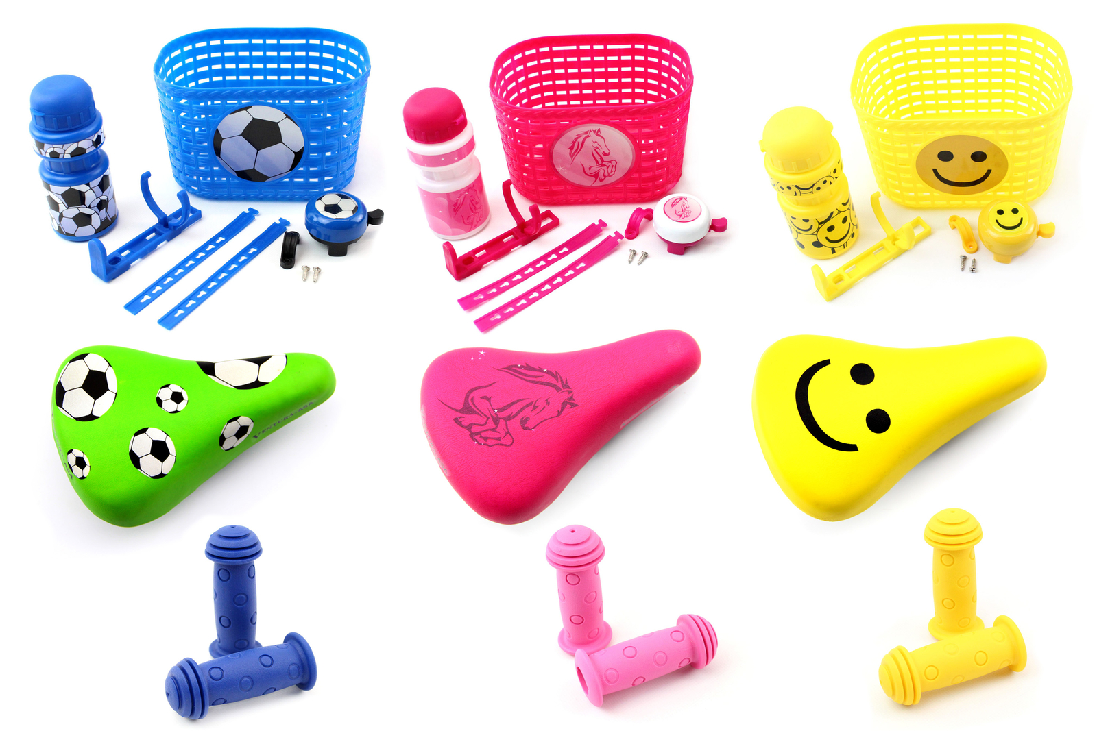 Kinderfahrrad-Set in Pink Blau Gelb mit Korb Klingel Sattel Griffen Trinkflasche