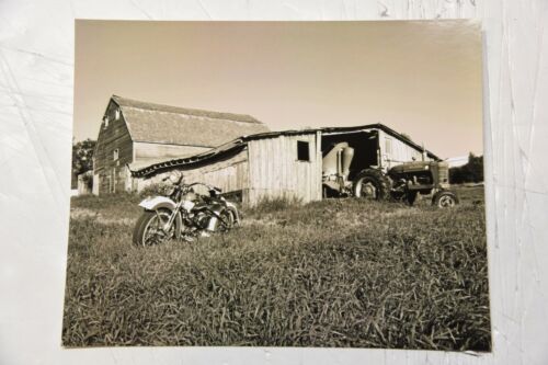 8x10 inch sepia print of a Harley Flathead and old tractor on a farm!