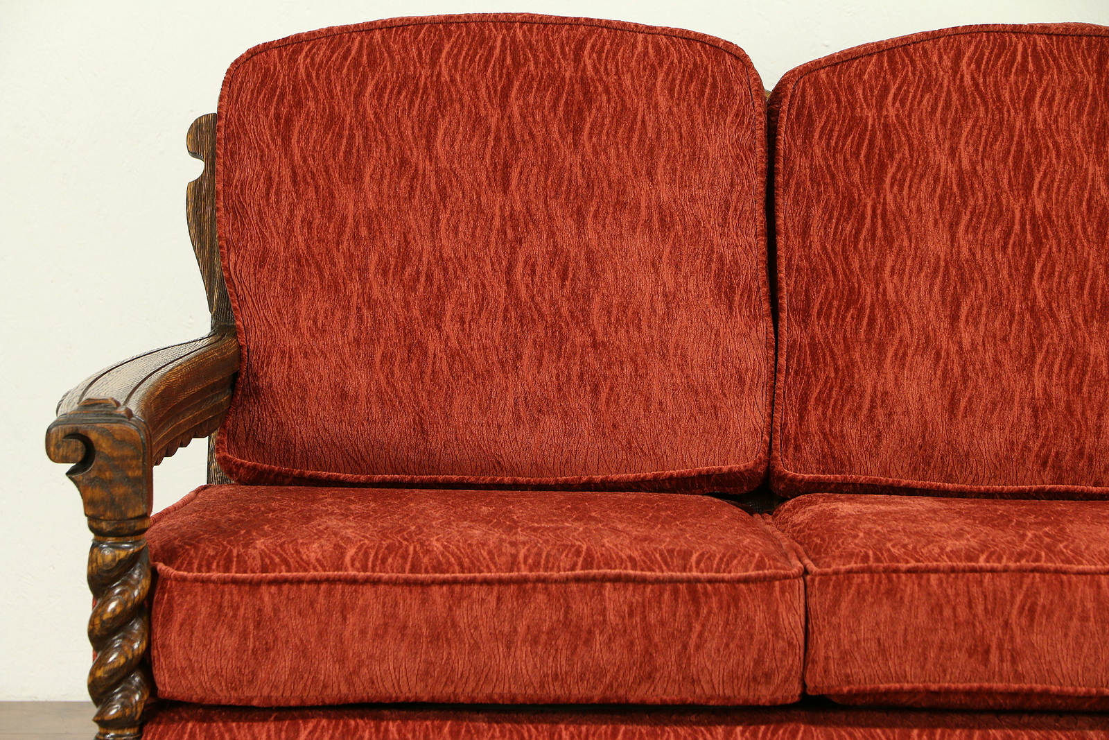 English Tudor Antique Carved Oak Club Sofa, Kittinger, New Upholstery #30847