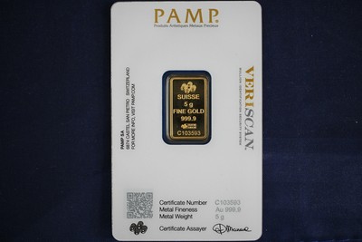 5 Gram Pamp Suisse .9999 Fine Gold Bar In Veriscan Assay - Lady Fortuna (#2)
