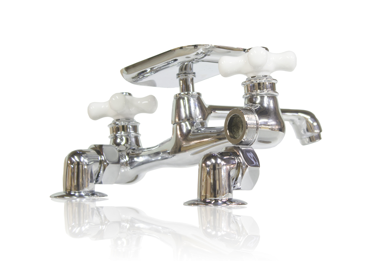 WatermarkFixtures Chrome Plated Brass Deck-Mount Bridge Faucet Porcelain Handles