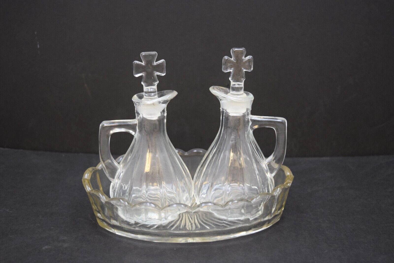 Older Glass Church Cruet Set, 2 Cruets with Tray, Antique (CU230) chalice co