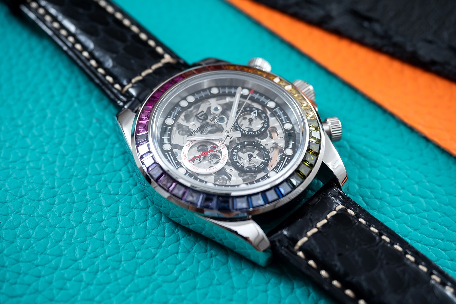 Pre-owned Pagani 40mm Automatic Mechanical Watch Silver Chrome Rainbow Black Snake Skin Leather