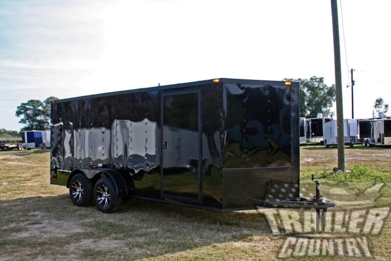 NEW 2024 7x16 7 x 16 BLACKOUT V-Nosed Enclosed Cargo Motorcycle Trailer w/ Ramp