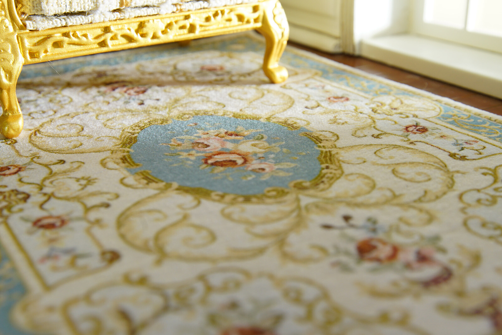 1:12 Scale Beautiful Floral Classic French Swirls Beige Blue Dollhouse Rug