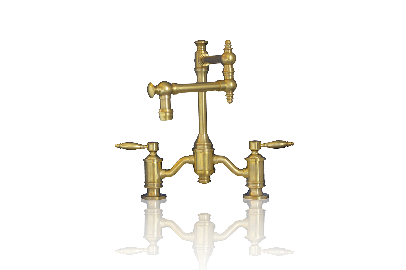 Ornate Unlacquered Brass Deck Mount Bridge Faucet Dual Movement Pot Filler Head