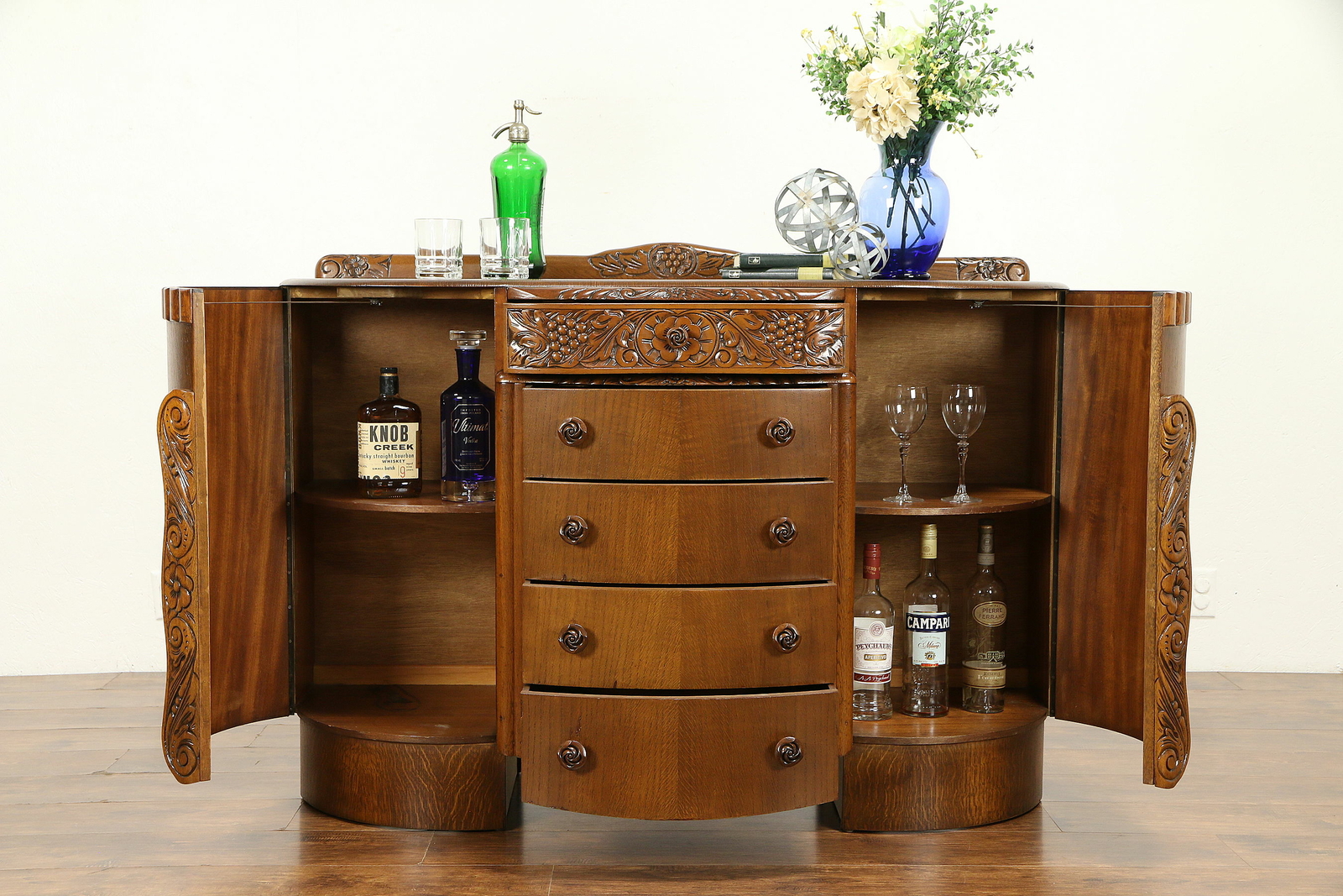 Art Deco 1930 Vintage Carved Oak English Sideboard, Server or Credenza #30888