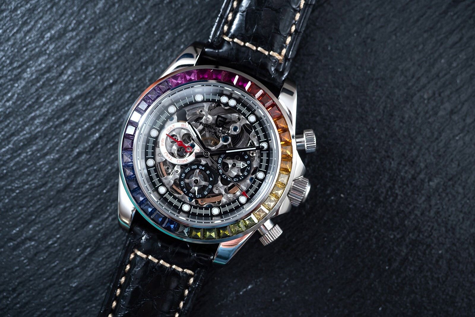 Pre-owned Pagani 40mm Automatic Mechanical Watch Silver Chrome Rainbow Black Snake Skin Leather