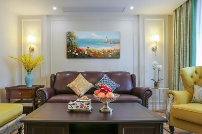 Ardemy Flowers Wall Art Canvas Blue Ocean Lighthouse Painting Seascape Landsc...