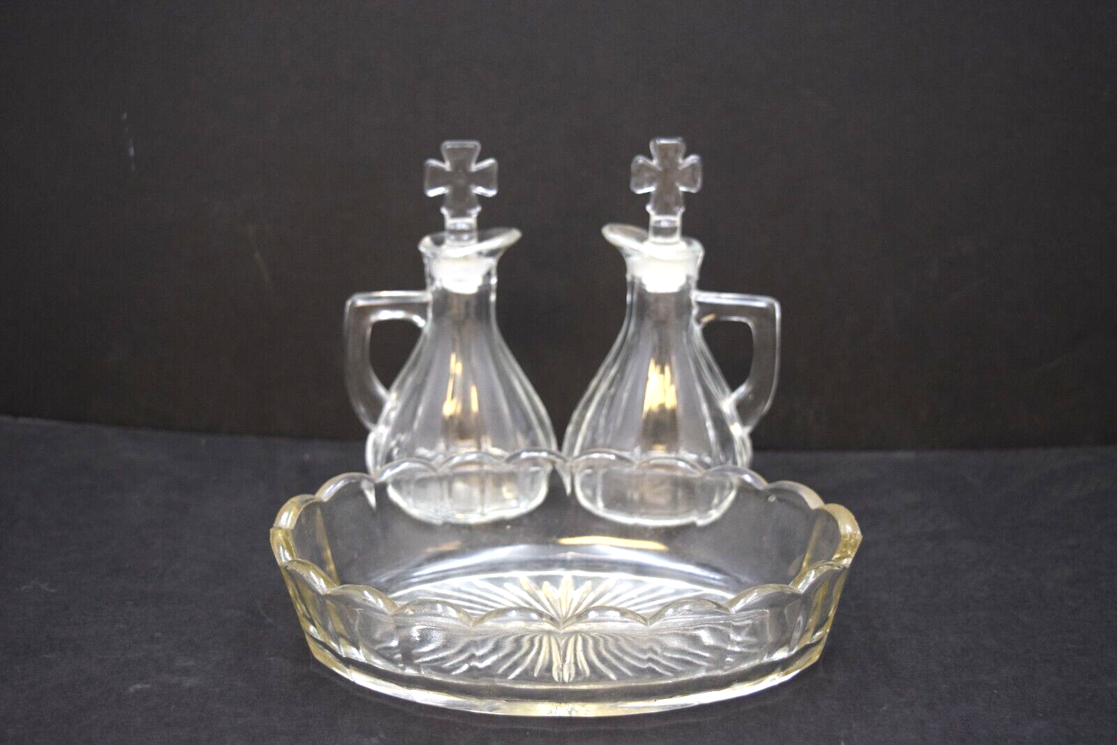 Older Glass Church Cruet Set, 2 Cruets with Tray, Antique (CU230) chalice co