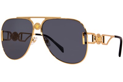 Pre-owned Versace Ve2255 1002/87 Sunglasses Gold/dark Grey Lenses Pilot Shape 63mm In Gray