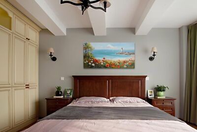 Ardemy Flowers Wall Art Canvas Blue Ocean Lighthouse Painting Seascape Landsc...