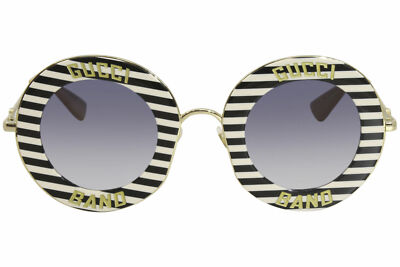 Pre-owned Gucci Gg0113s 008 Sunglasses Women's Black+white Striped-gold/blue Gradient Lens