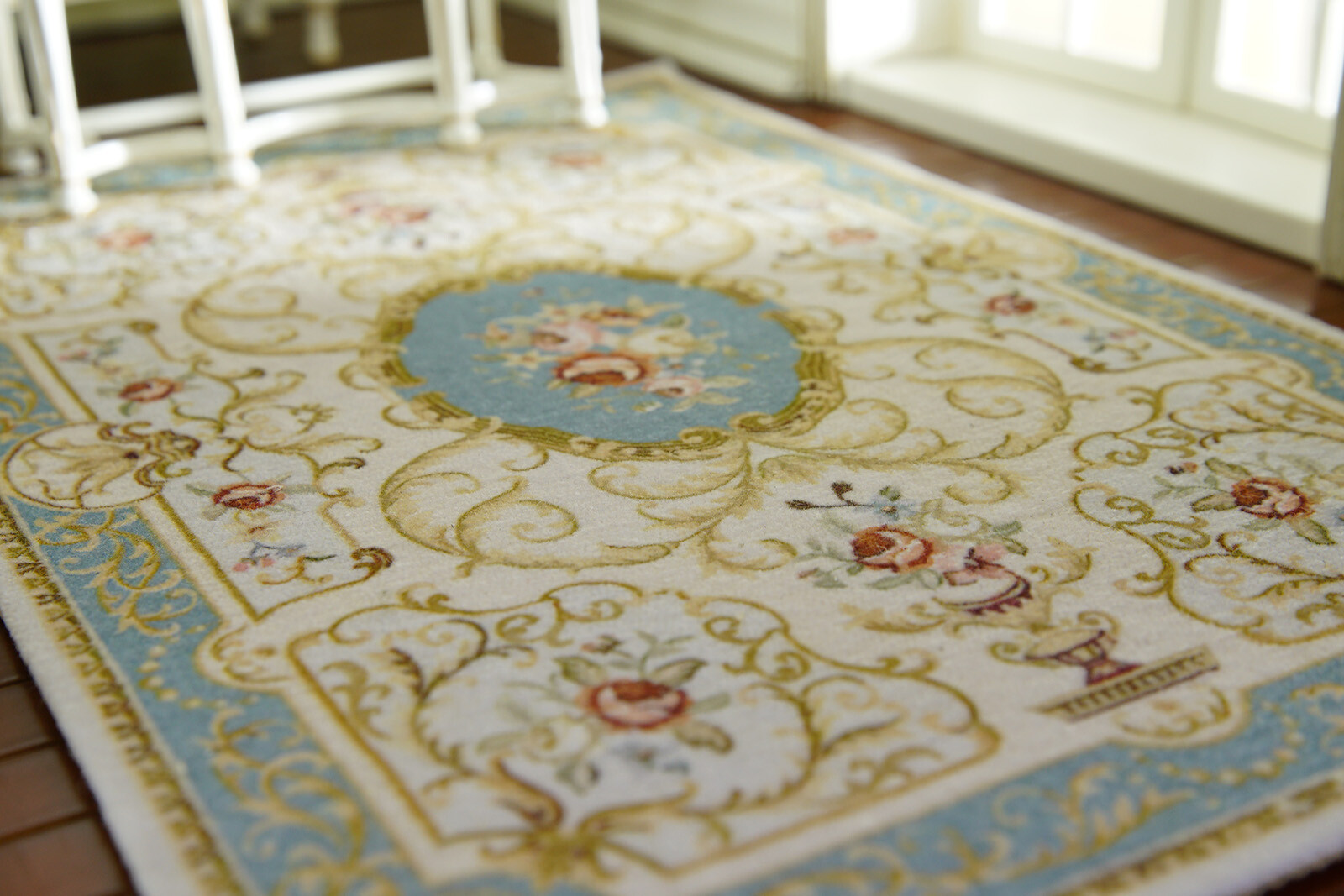 1:12 Scale Beautiful Floral Classic French Swirls Beige Blue Dollhouse Rug