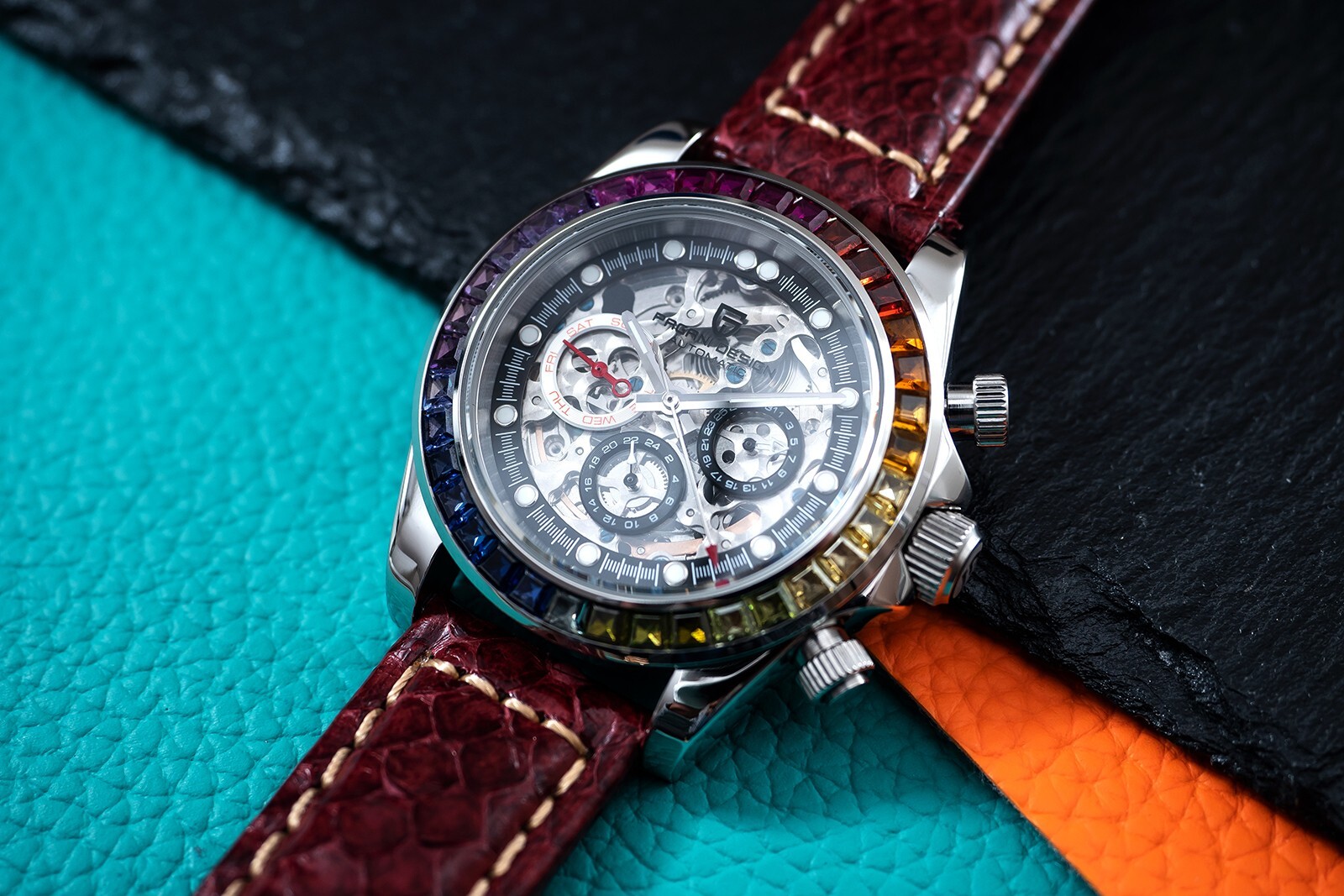 Pre-owned Pagani 40mm Automatic Mechanical Watch Silver Chrome Rainbow Brown Snake Skin Leather