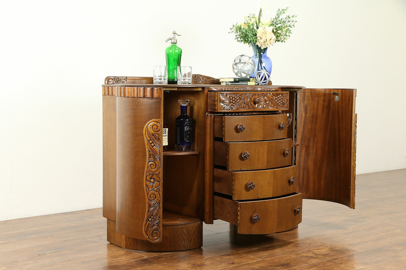 Art Deco 1930 Vintage Carved Oak English Sideboard, Server or Credenza #30888