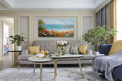 Ardemy Flowers Wall Art Canvas Blue Ocean Lighthouse Painting Seascape Landsc...