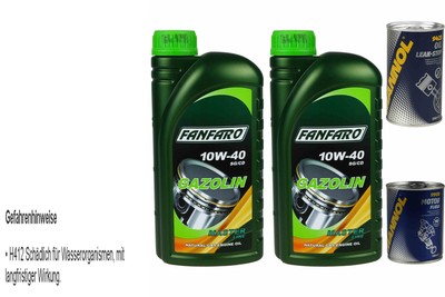 2L Olio Motore FANFARO GAZOLIN 10W-40 1x MANNOL Leak-Stop ADDITIV+Flush Motore