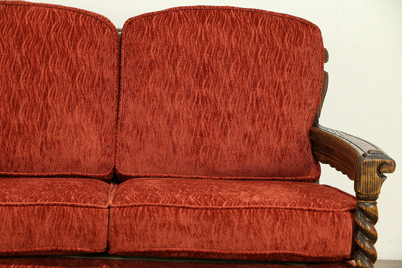 English Tudor Antique Carved Oak Club Sofa, Kittinger, New Upholstery #30847