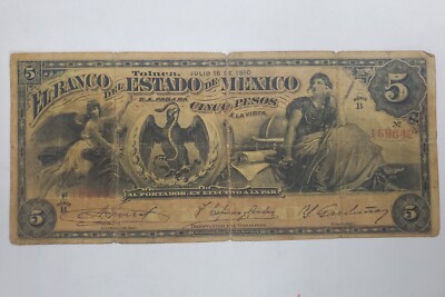 1910 TOLUCA. EL Banco Del Estado DE Mexico Cinco Pesos