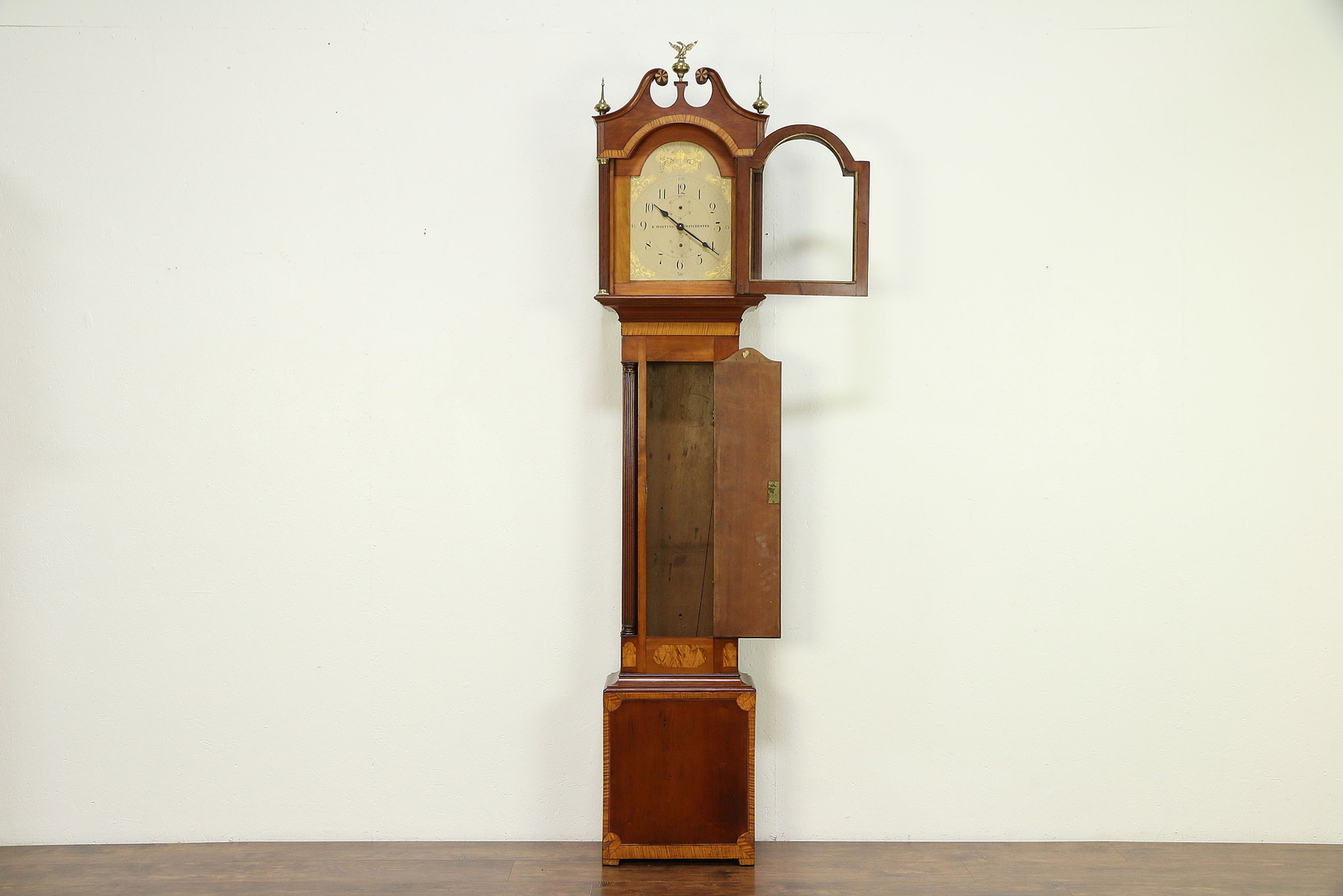 Cherry & Maple Tall Case Antique Grandfather Clock, Quartz, Whiting CT #30459