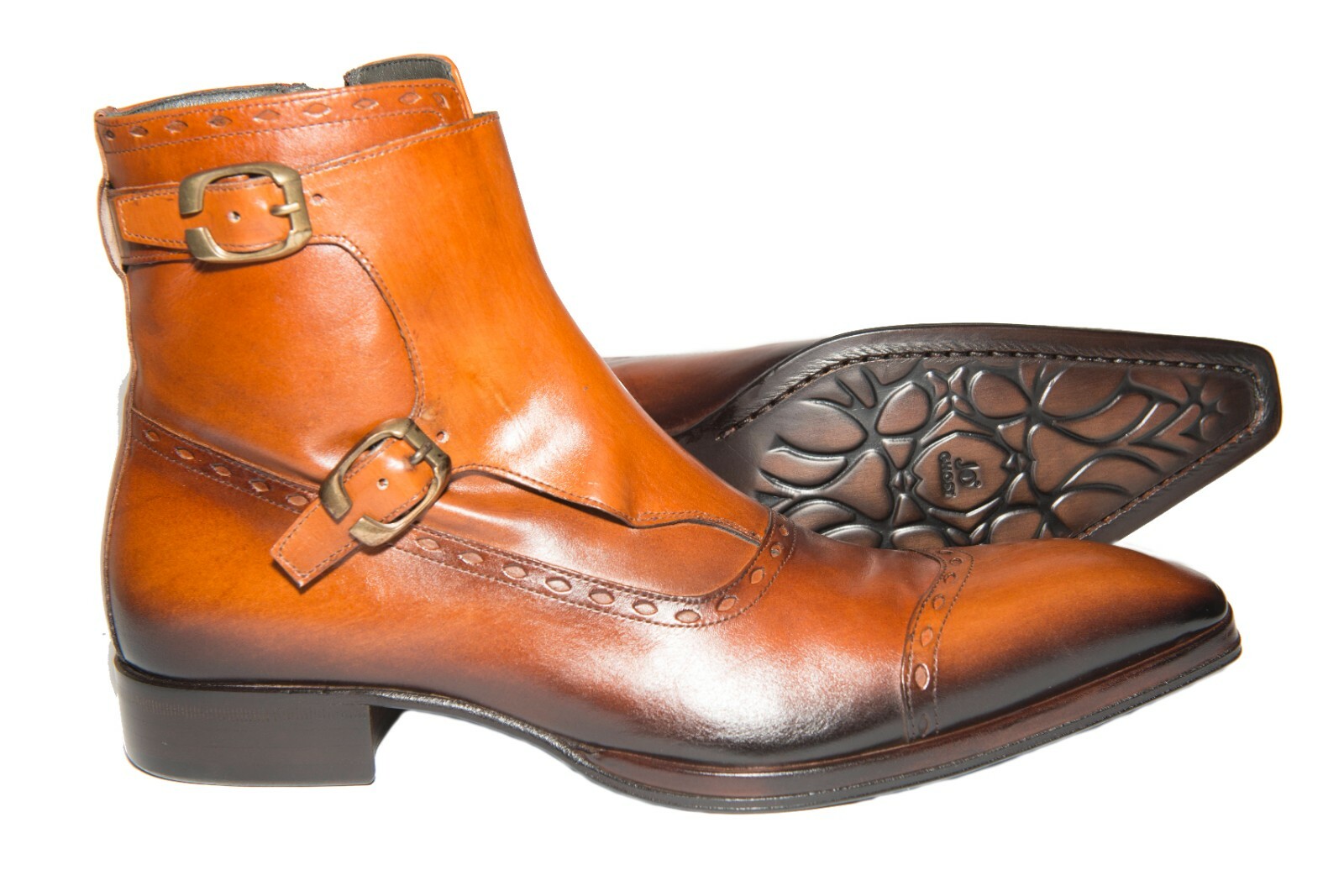 Pre-owned Jo Ghost 2312 Italian Cognac Leather Ankle Boots With Zipper & Buckles In Brown