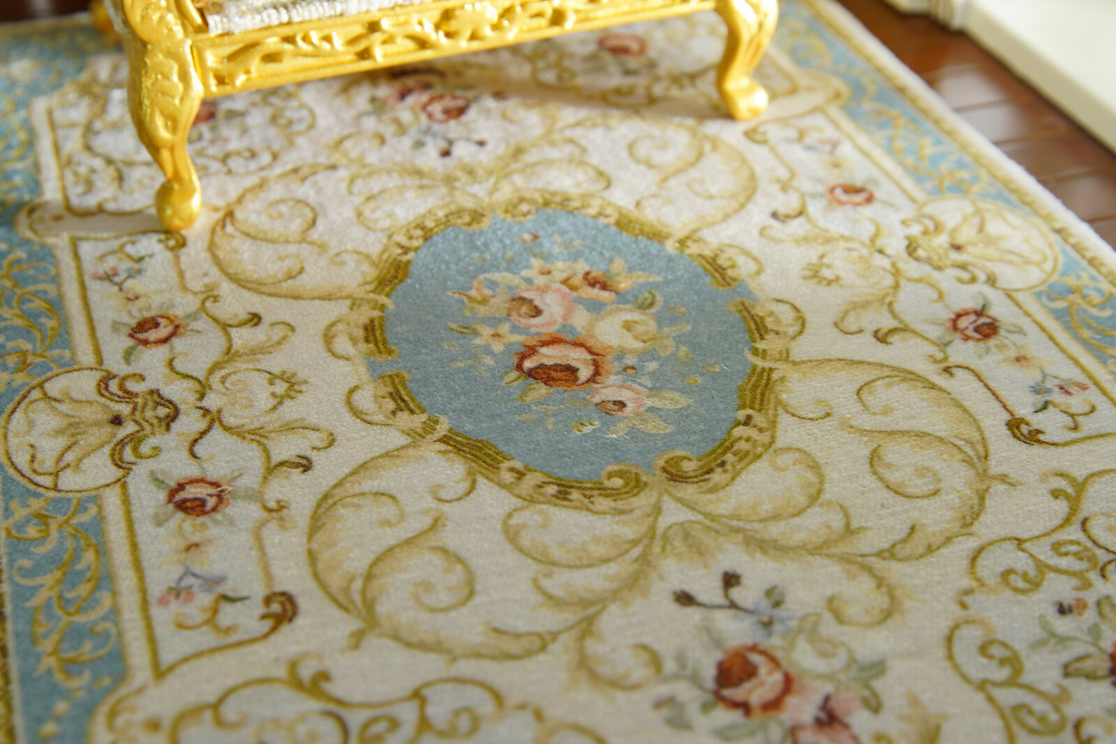 1:12 Scale Beautiful Floral Classic French Swirls Beige Blue Dollhouse Rug