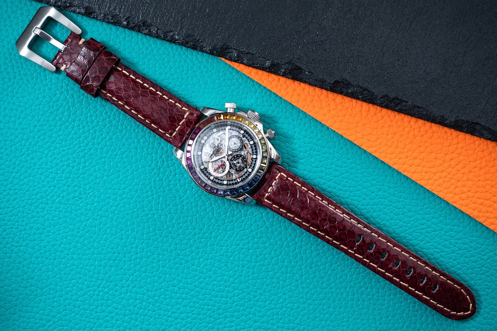 Pre-owned Pagani 40mm Automatic Mechanical Watch Silver Chrome Rainbow Brown Snake Skin Leather