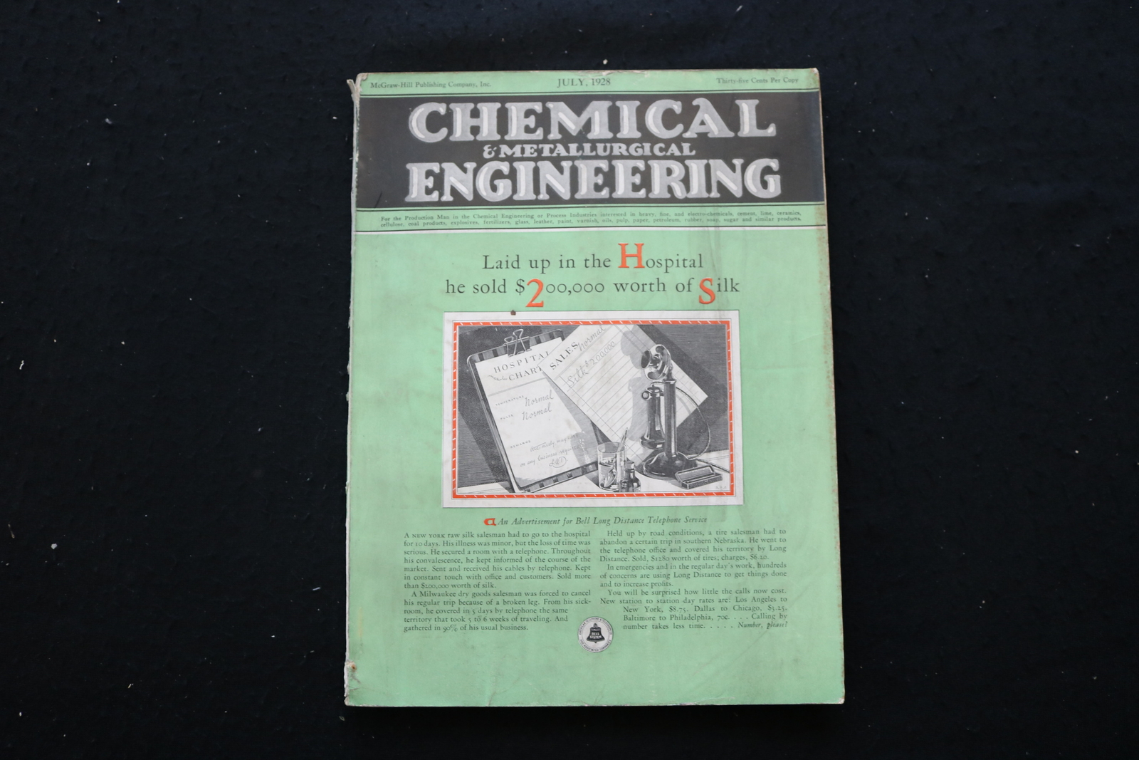 1928 JULY CHEMICAL ENGINEERING MAGAZINE - BELL LONG DISTANCE COVER - E 10262
