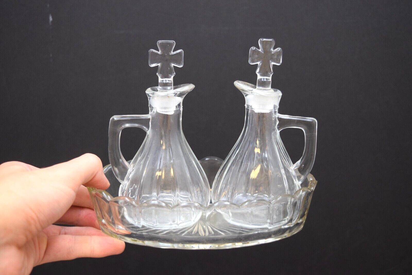 Older Glass Church Cruet Set, 2 Cruets with Tray, Antique (CU230) chalice co